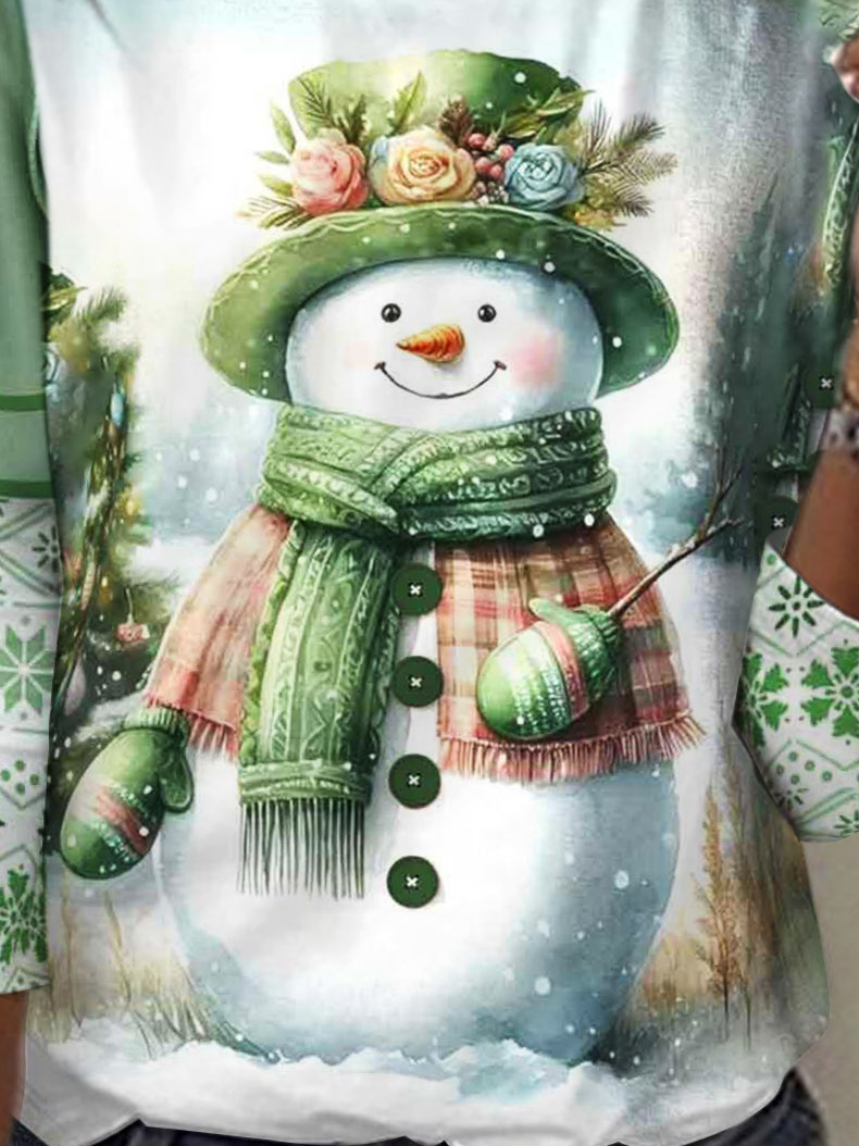 Christmas Snowman Design Round Neck Casual T-Shirt