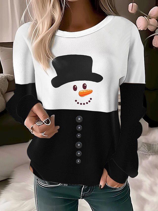 Christmas Snowman Design Round Neck Casual Sweatshirt