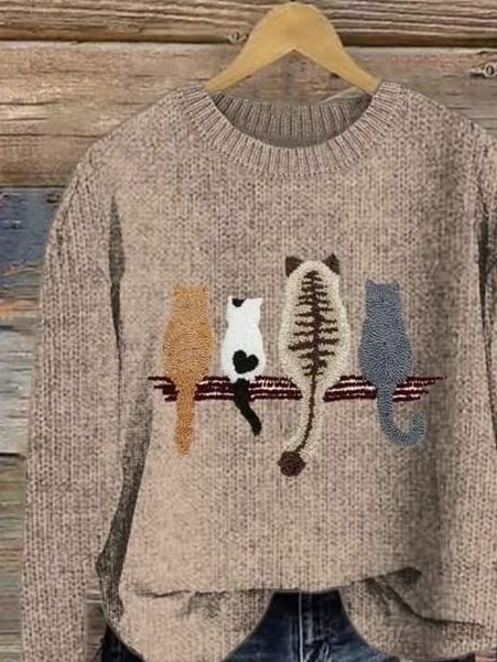 Women's Cute Cat Print Knitted Sweater