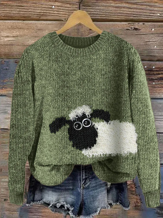 Women's Cute Sheep Print Knitted Crew Neck Casual Sweater