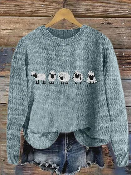 Women's Cute Sheep Print Knitted Crew Neck Casual Sweater