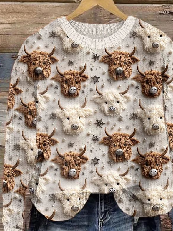 Womens Vintage Highland Cow Loose 3D Printing Crew Neck Casual Sweater