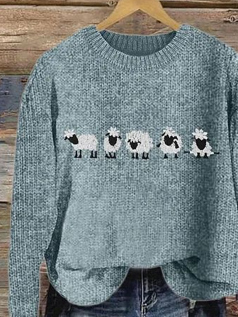 Women's Cute Sheep Print Knitted Crew Neck Casual Sweater