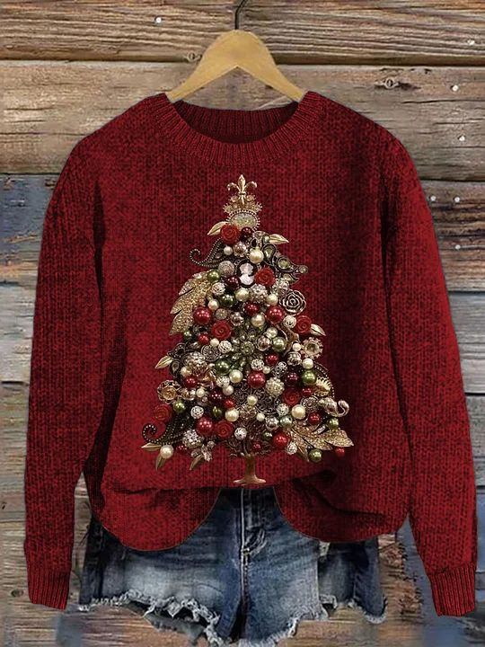 Women's Knitted Crew Neck Casual Christmas Tree Sweater