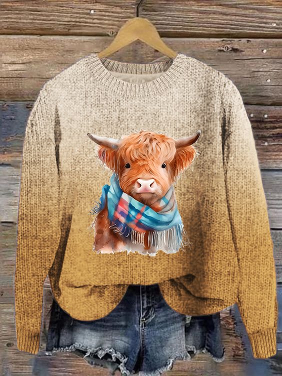 Women's Cute Highland Cow Print Knitted Crew Neck Sweater