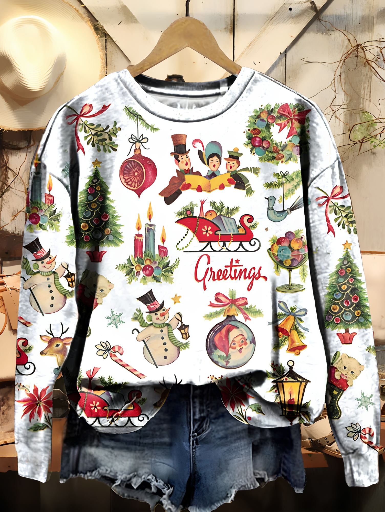 Women's Christmas Retro Old Fashion Vintage Scenes Print Casual Sweatshirt