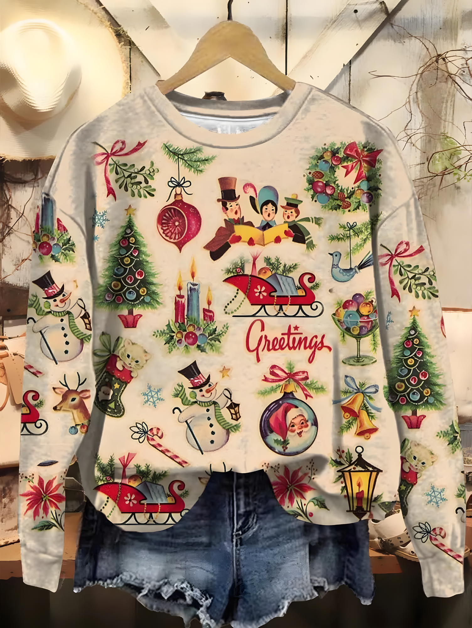 Women's Christmas Retro Old Fashion Vintage Scenes Print Casual Sweatshirt