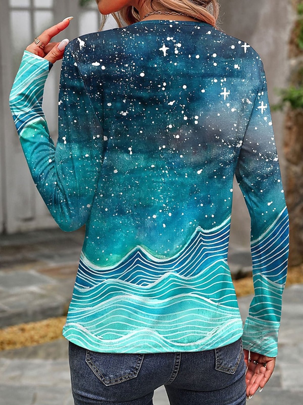 Women's Long Sleeve T-shirt Spring/Fall Blue Abstract Printing Jersey Crew Neck Daily Going Out Casual Top