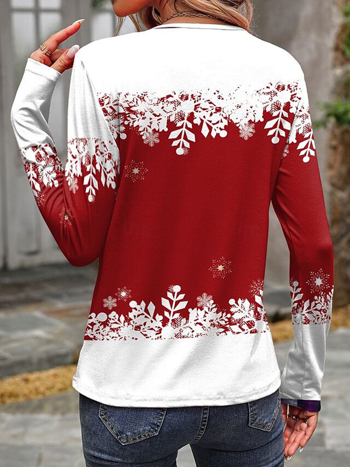 Women's Long Sleeve T-shirt Spring/Fall Red Christmas Snowman Printing Jersey Crew Neck Holiday Going Out Casual Top