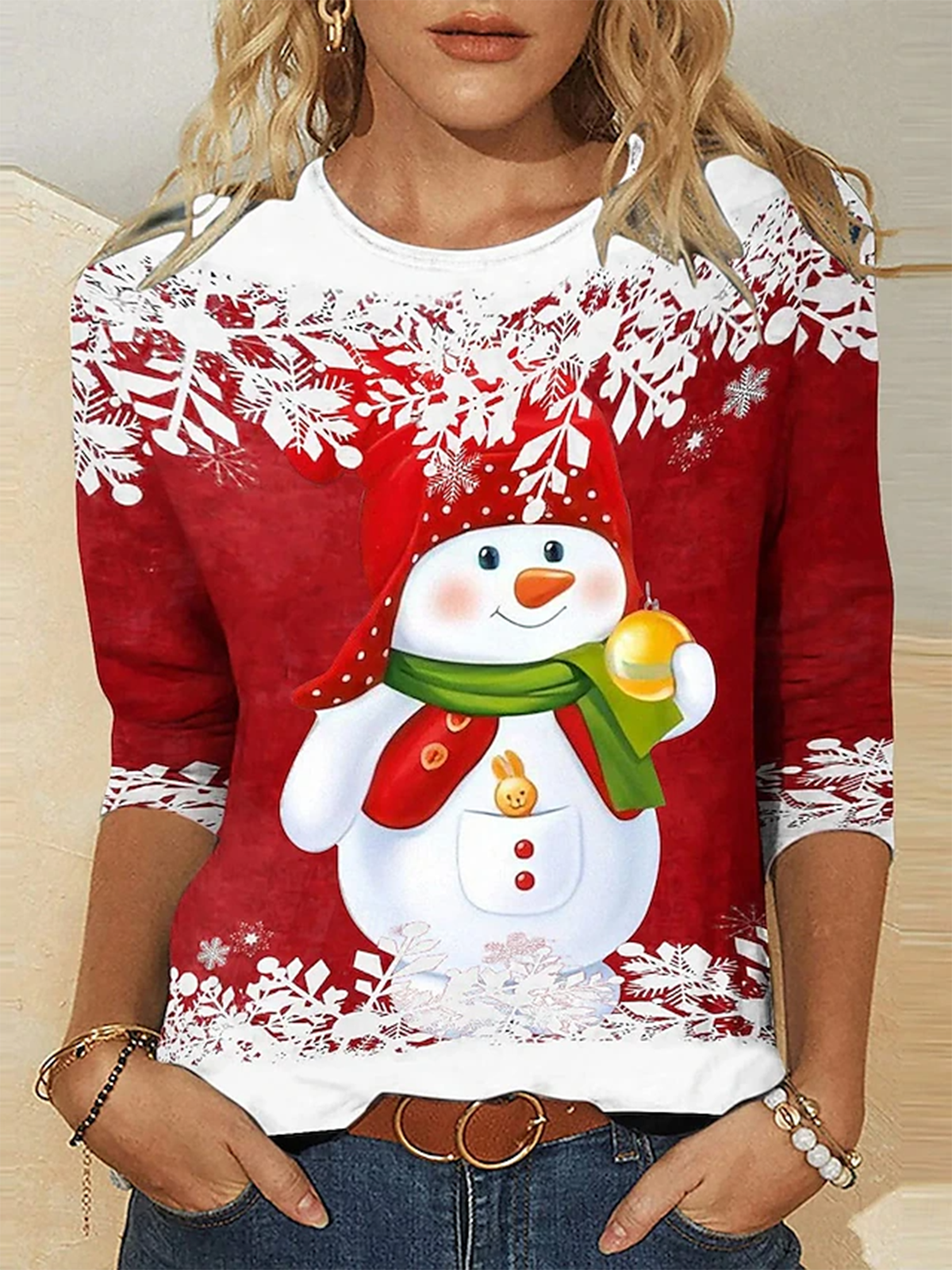 Women's Long Sleeve T-shirt Spring/Fall Red Christmas Snowman Printing Jersey Crew Neck Holiday Going Out Casual Top