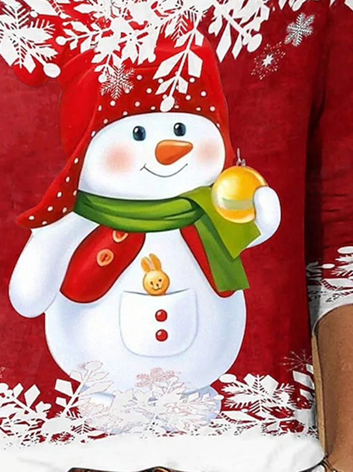 Women's Long Sleeve T-shirt Spring/Fall Red Christmas Snowman Printing Jersey Crew Neck Holiday Going Out Casual Top