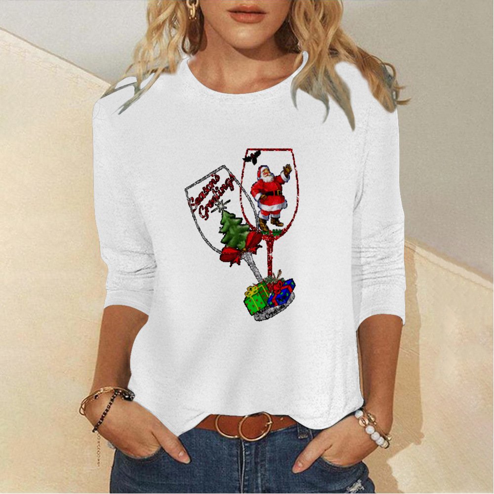 Crew Neck Casual Christmas Wine Glass Loose T-Shirt