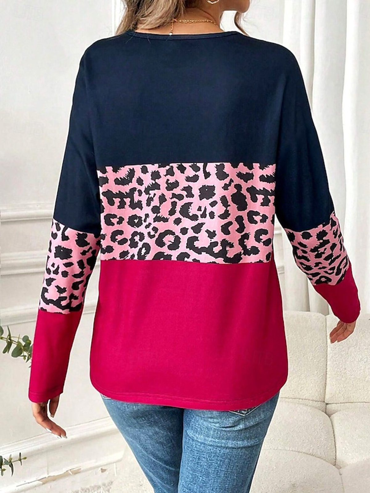 Women's Long Sleeve T-shirt Spring/Fall Rose Red Color Block Jersey V Neck Daily Going Out Casual Top