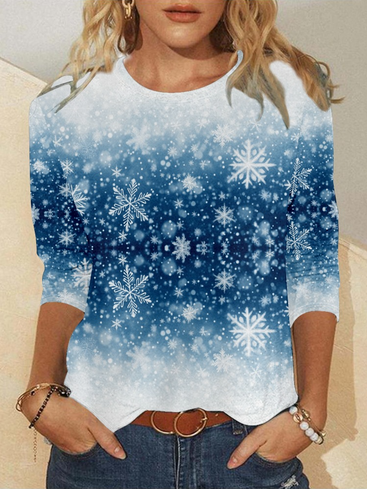 Snowflake Christmas Casual Ombre Long Sleeve Shirt