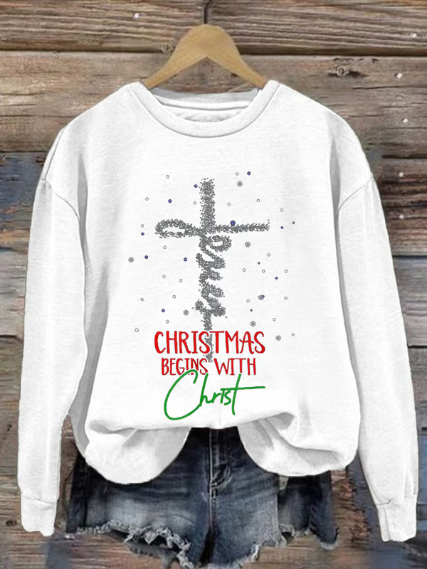 Women's Christmas Begins With Christ Snowman Print Round Neck Sweatshirt