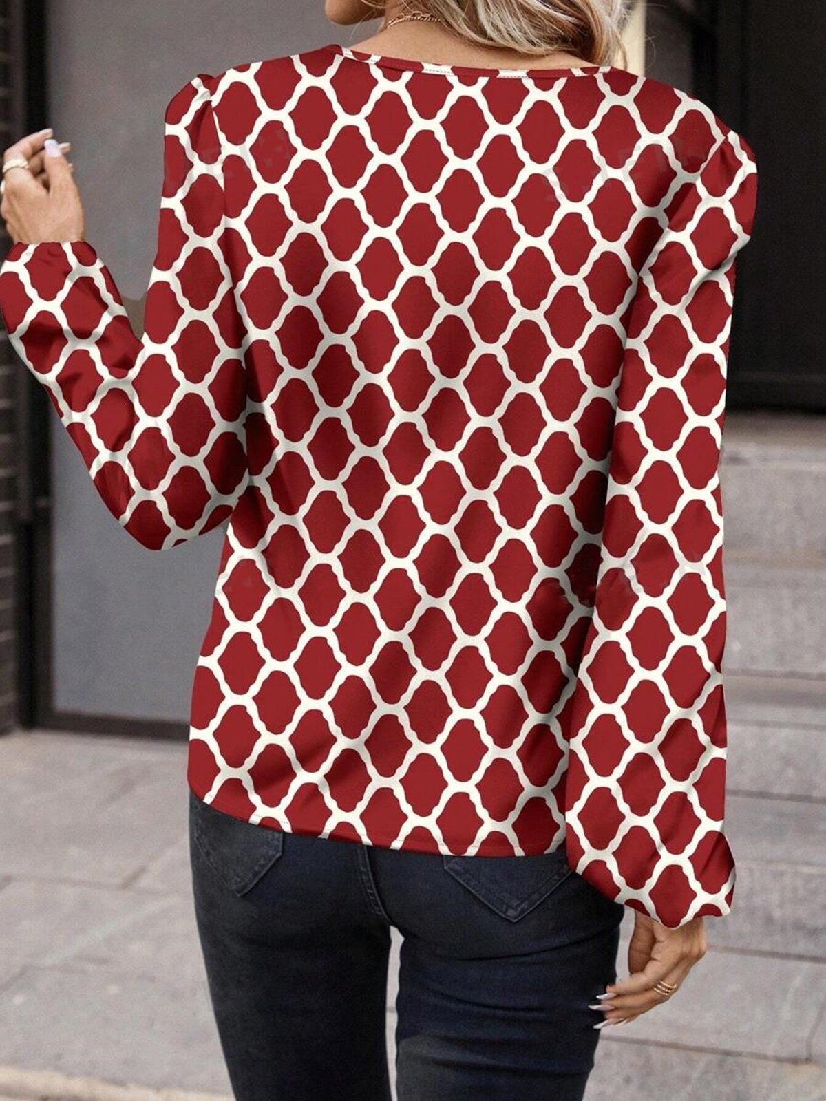 Women's Long Sleeve Blouse Spring/Fall Red Geometric V Neck Daily Going Out Casual Top