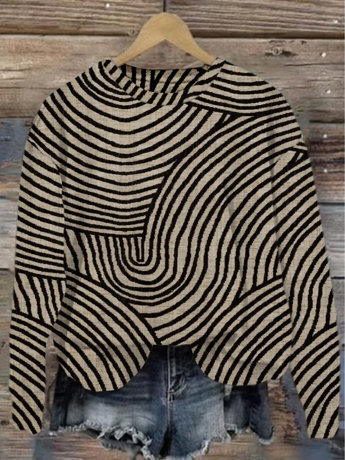 Crew Neck Abstract Stripes Loose Casual Sweatshirt