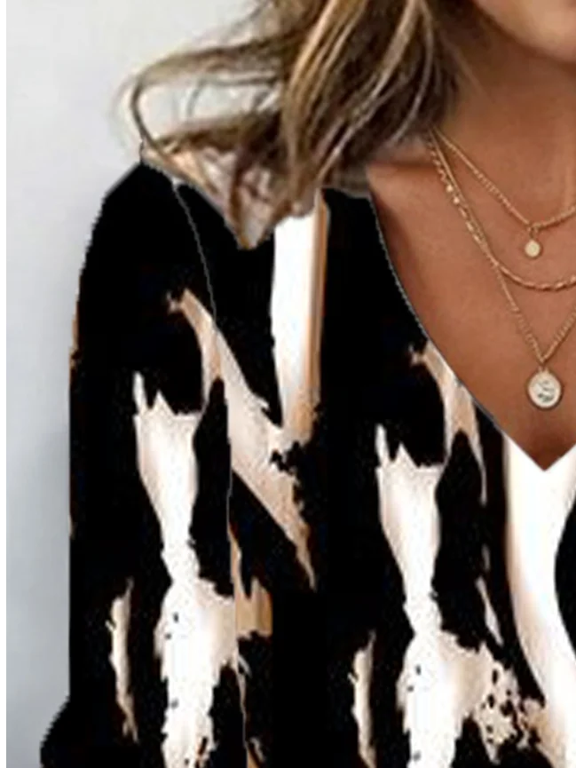 Leopard Print Long Sleeve V-Neck T-shirt