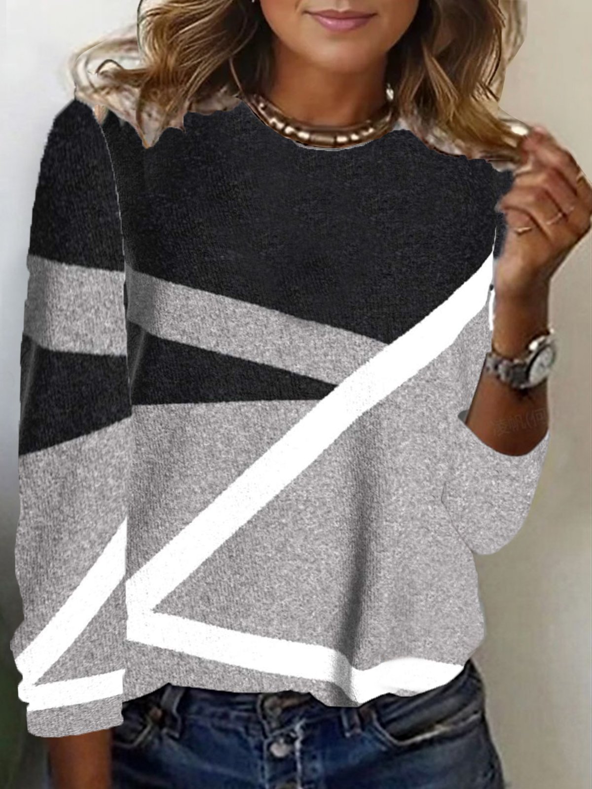 Contrast Print Long Sleeve Crew Neck T-shirt