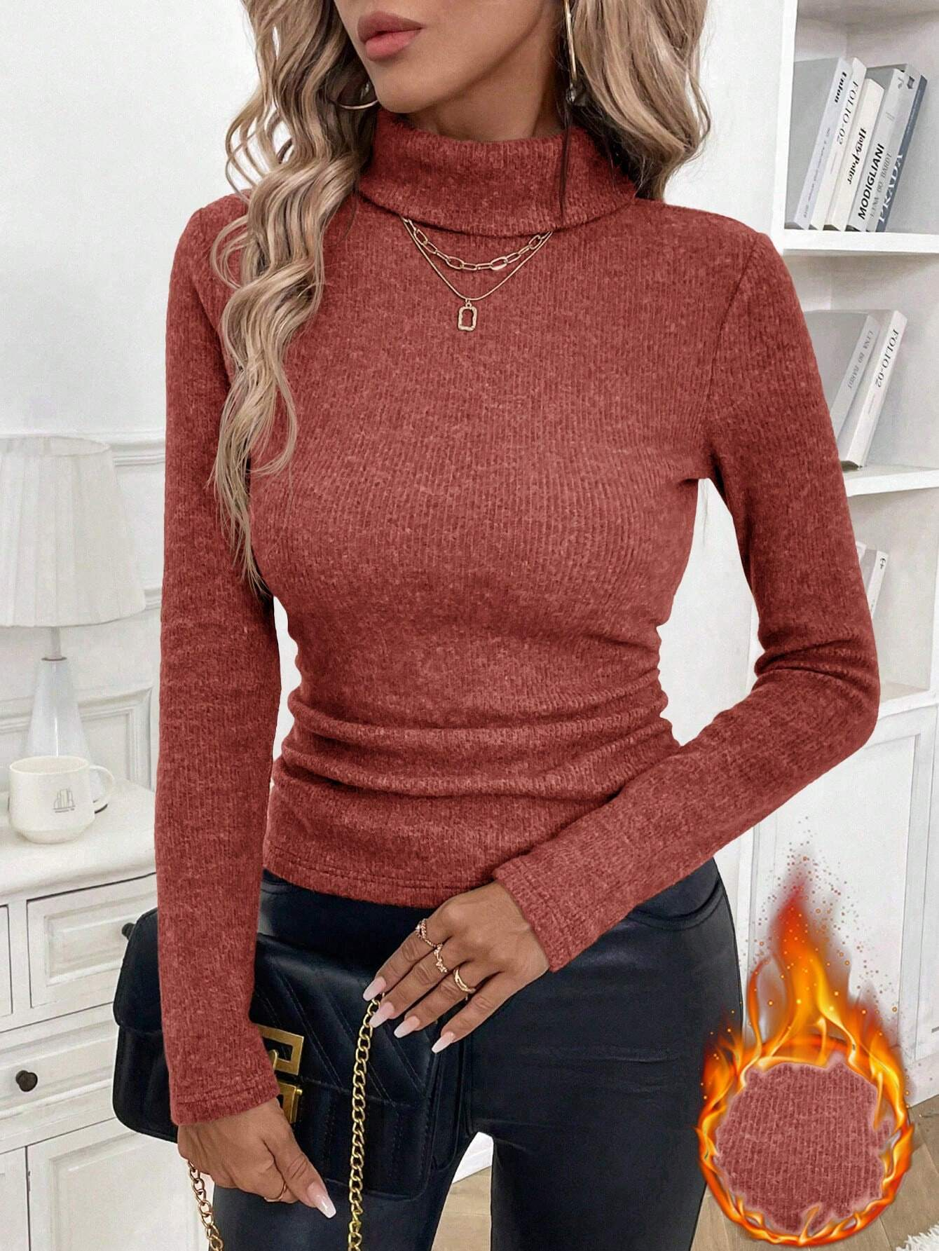 Women's Solid Turtleneck Long Sleeve Fleece Lined Slim Fit T-Shirt Sweater