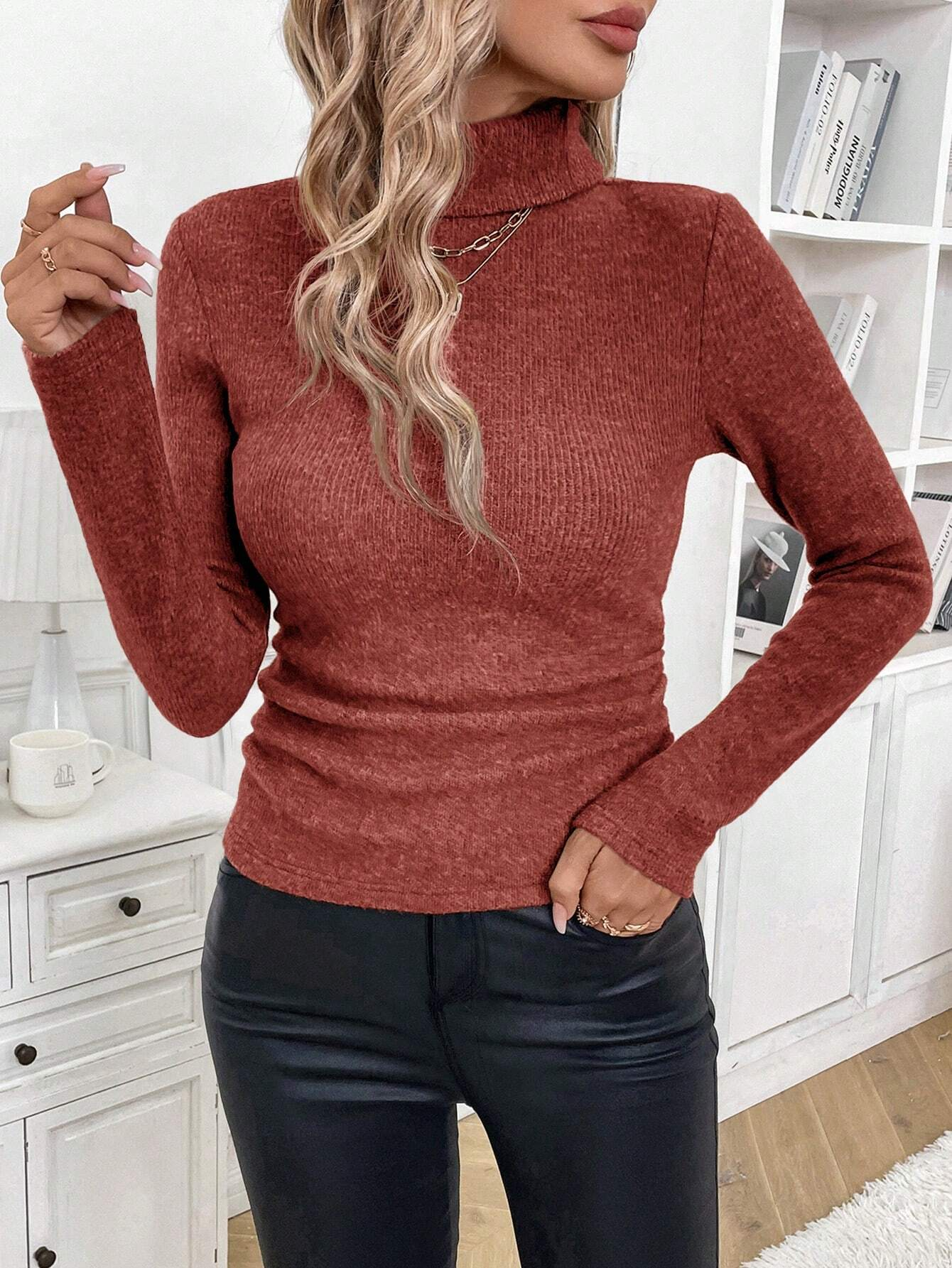 Women's Solid Turtleneck Long Sleeve Fleece Lined Slim Fit T-Shirt Sweater