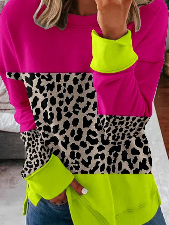 Leopard Print Casual Crew Neck Color Block Sweatshirt