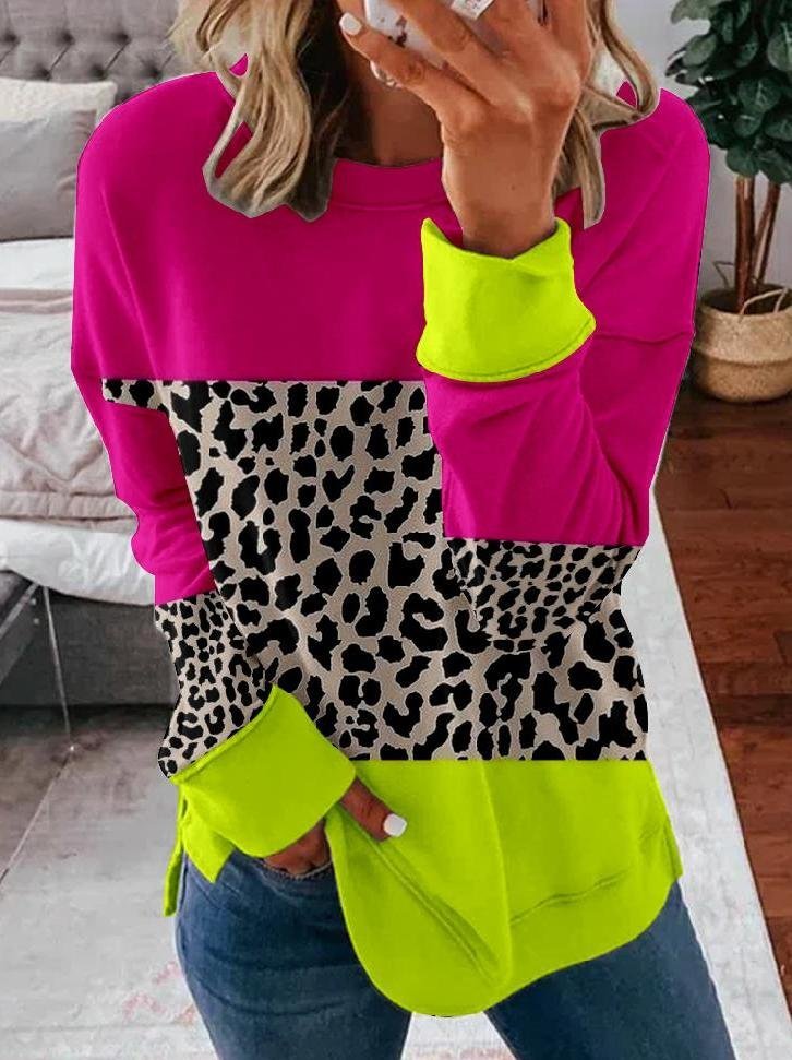 Leopard Print Casual Crew Neck Color Block Sweatshirt