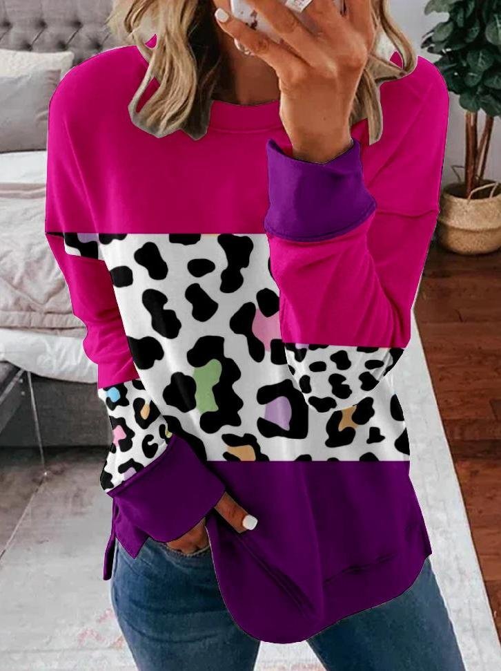 Leopard Print Casual Crew Neck Color Block Sweatshirt