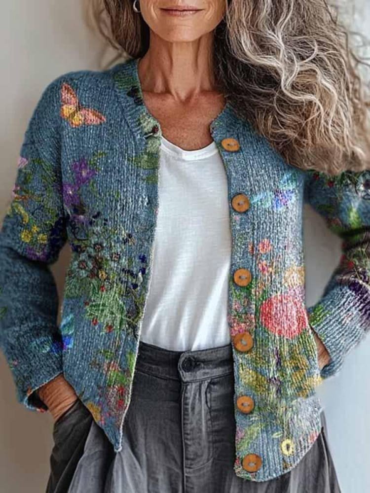 Crew Neck Casual Zipper Floral Jacket