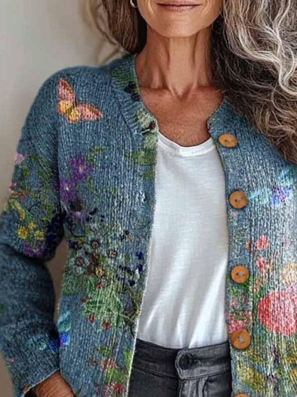 Crew Neck Casual Zipper Floral Jacket