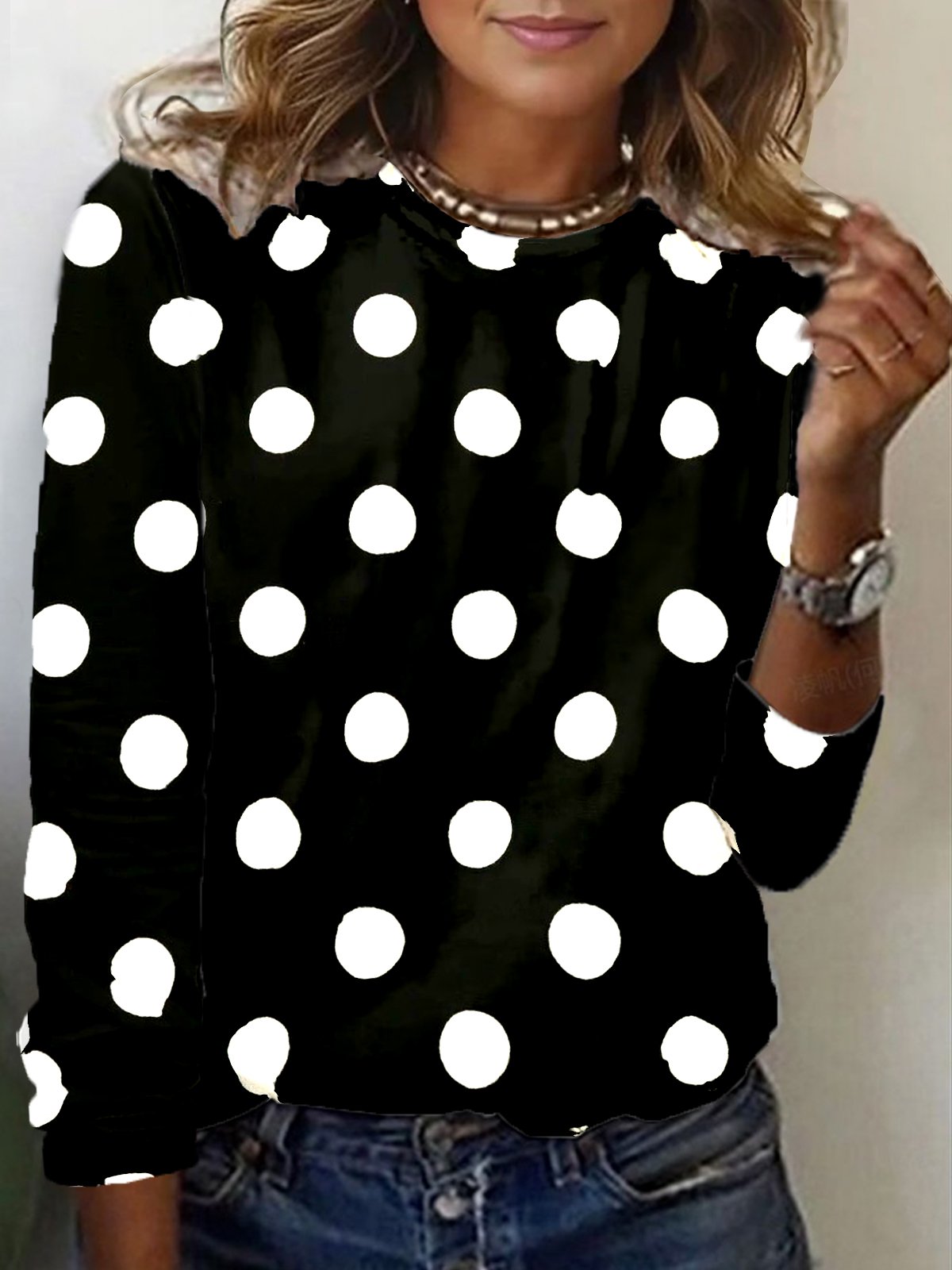 Polka Dot Print Long Sleeve Crew Neck T-shirt