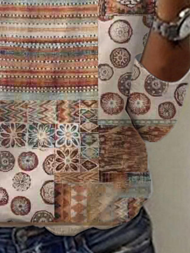 Ethnic Print Long Sleeve V-Neck T-shirt