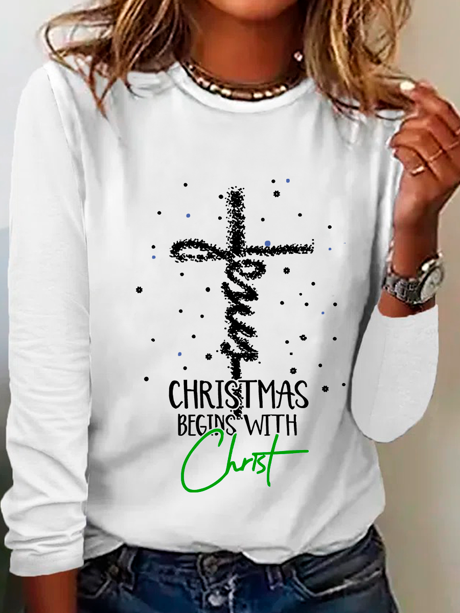 Christmas Begins With Christ Snowman Print Casual Long Sleeve Shirt