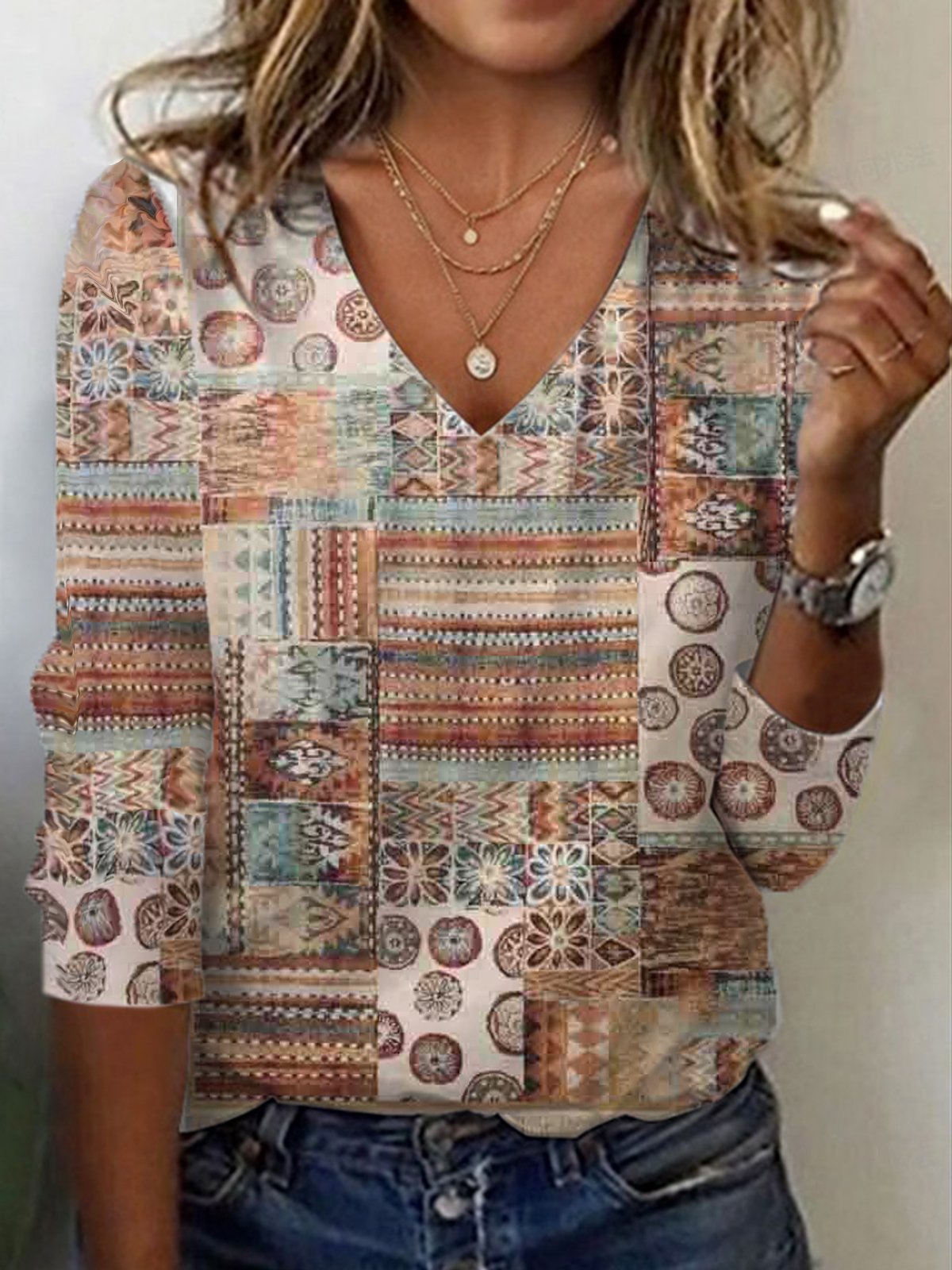 Ethnic Print Long Sleeve V-Neck T-shirt