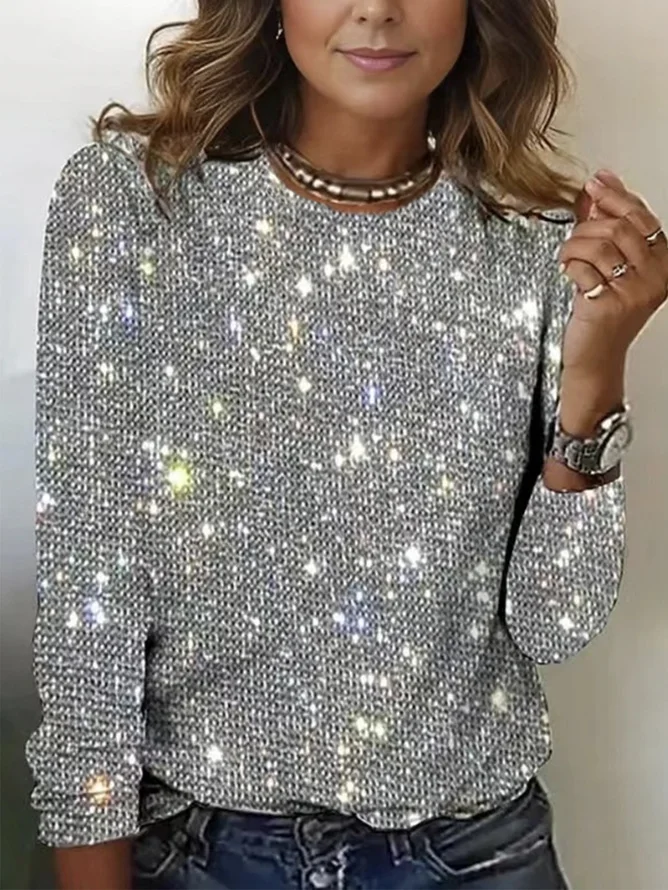 Women's Long Sleeve T-shirt Spring/Fall Silver Geometric Glitter Crew Neck Daily Going Out Casual Top