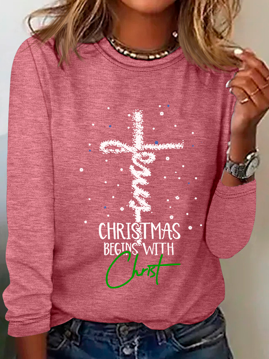 Christmas Begins With Christ Snowman Print Casual Long Sleeve Shirt