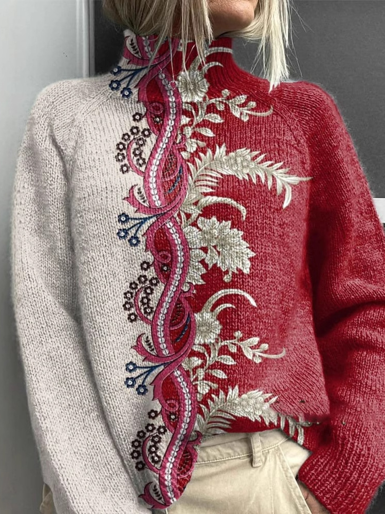 Casual Floral Loose Turtleneck Sweatshirt