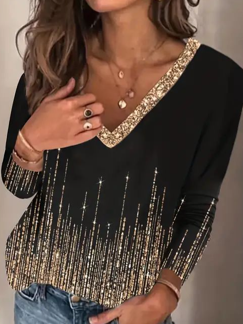 Women's Sequined Rhinestone Long Sleeve Casual Basic V Neck T-Shirt