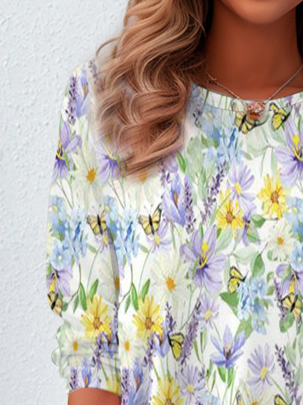 Floral Print Long Sleeve Crew Neck T-shirt