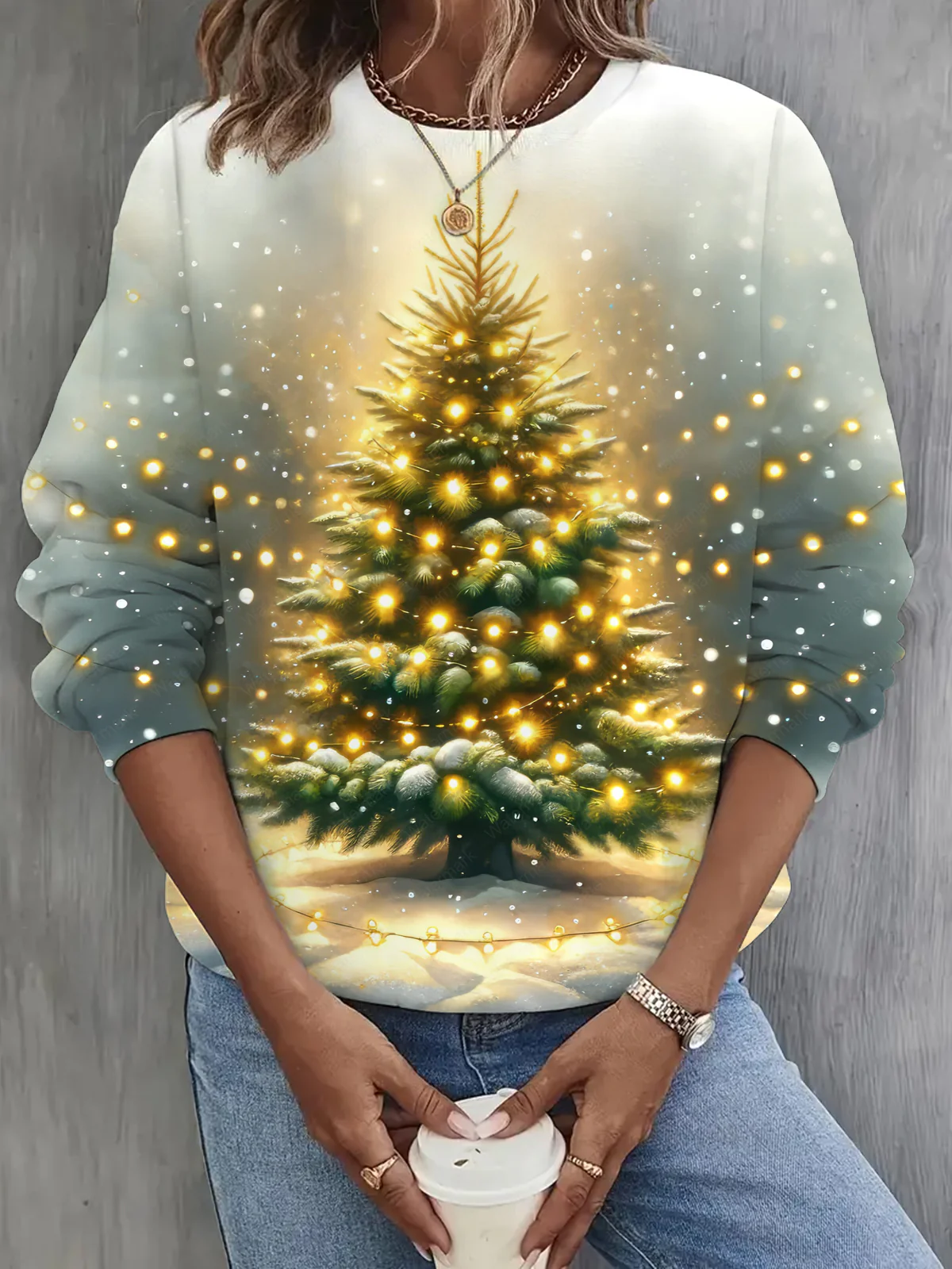 Colorful Christmas Tree Print Long Sleeve Casual Sweatshirt