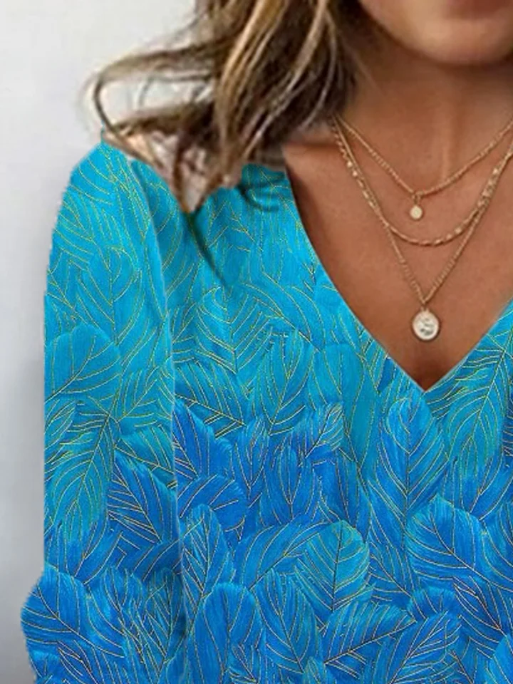 Leaf Print Long Sleeve V-Neck T-shirt