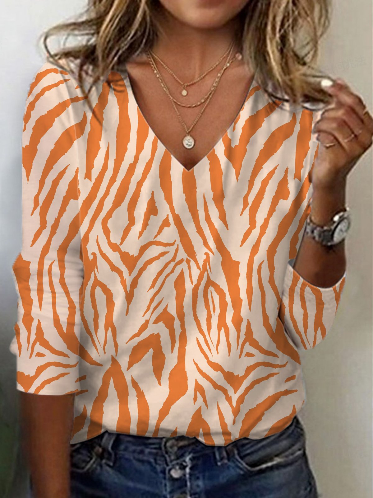 Zebra Print Long Sleeve V-Neck T-shirt