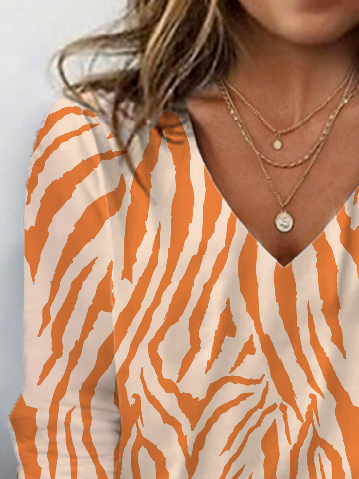 Zebra Print Long Sleeve V-Neck T-shirt