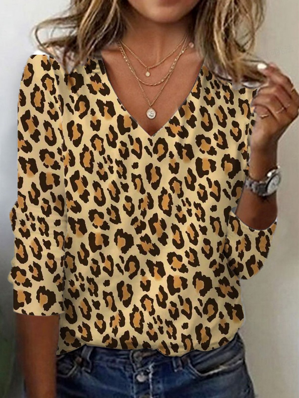 Leopard Print Long Sleeve V-Neck T-shirt