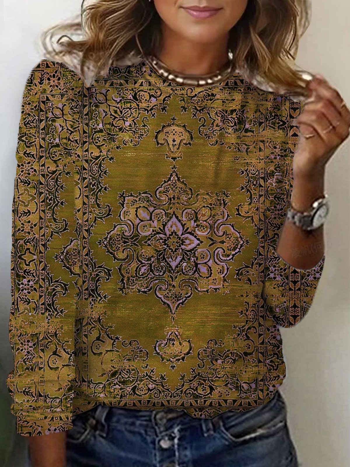 Ethnic Print Long Sleeve Crew Neck T-shirt