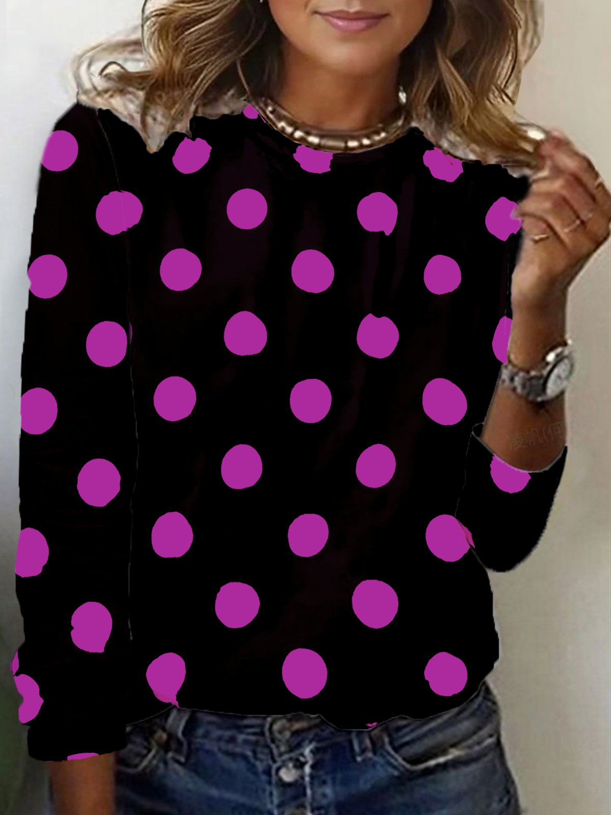 Polka Dot Print Long Sleeve Crew Neck T-shirt