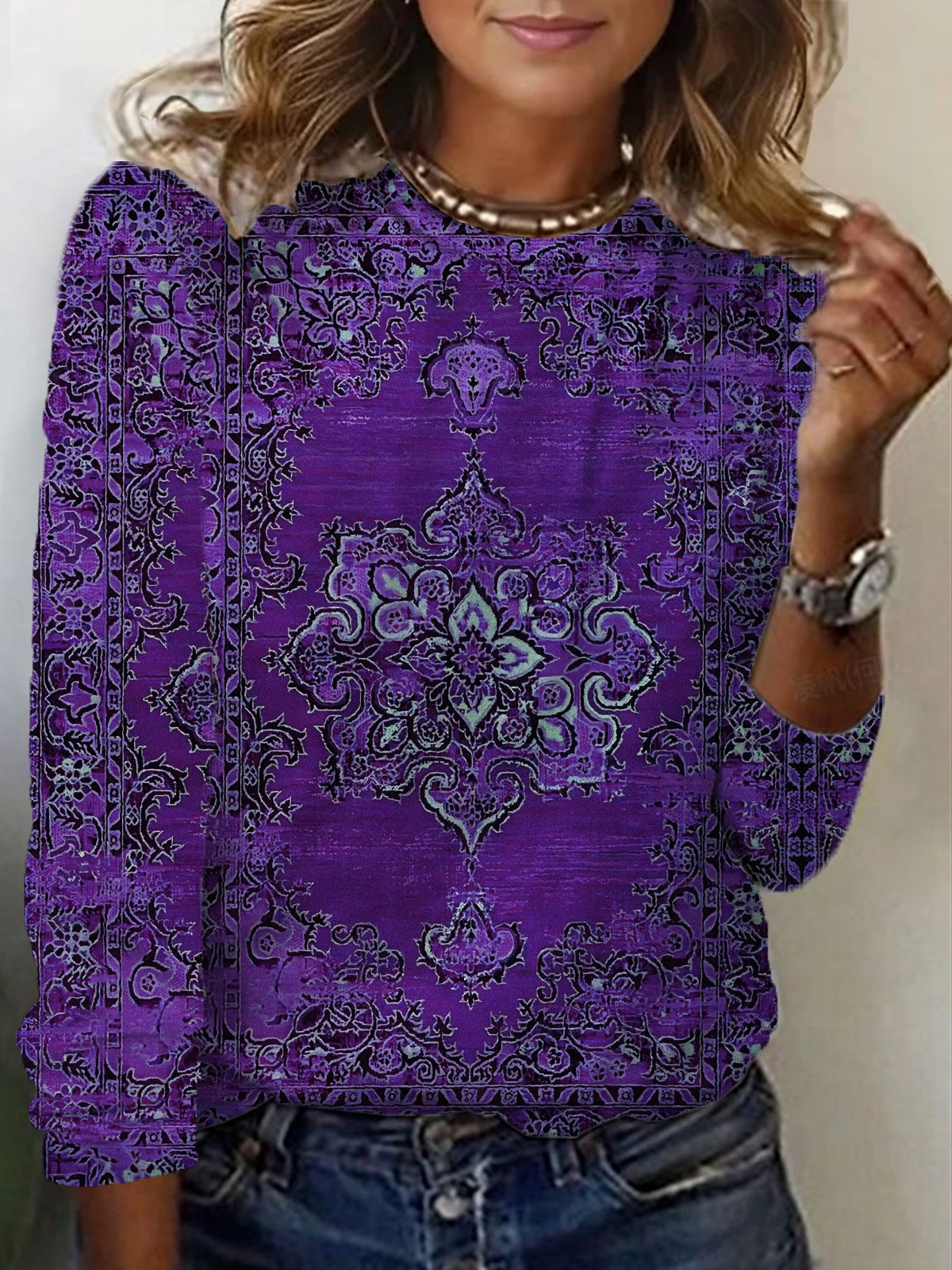 Ethnic Print Long Sleeve Crew Neck T-shirt