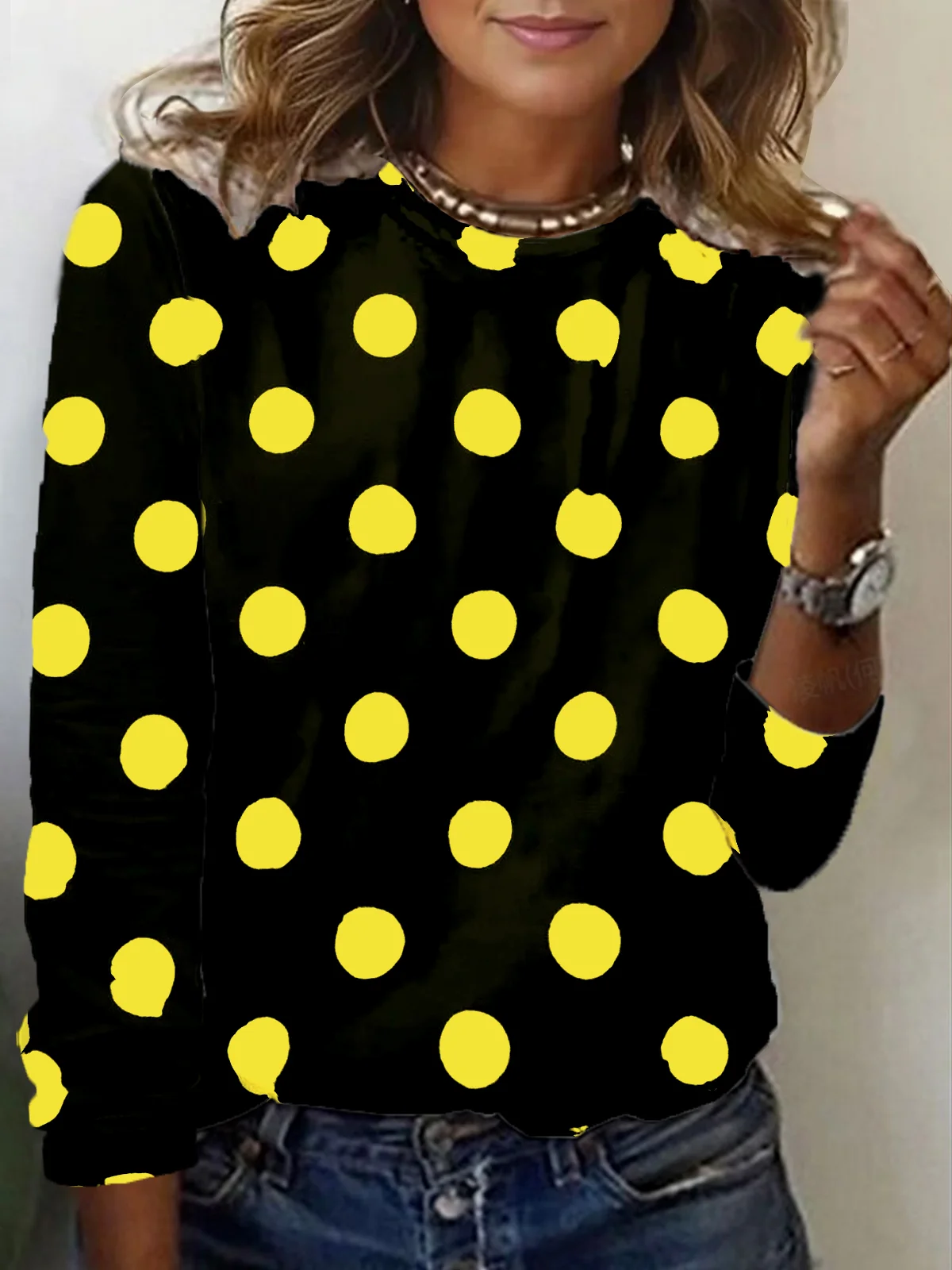 Polka Dot Print Long Sleeve Crew Neck T-shirt