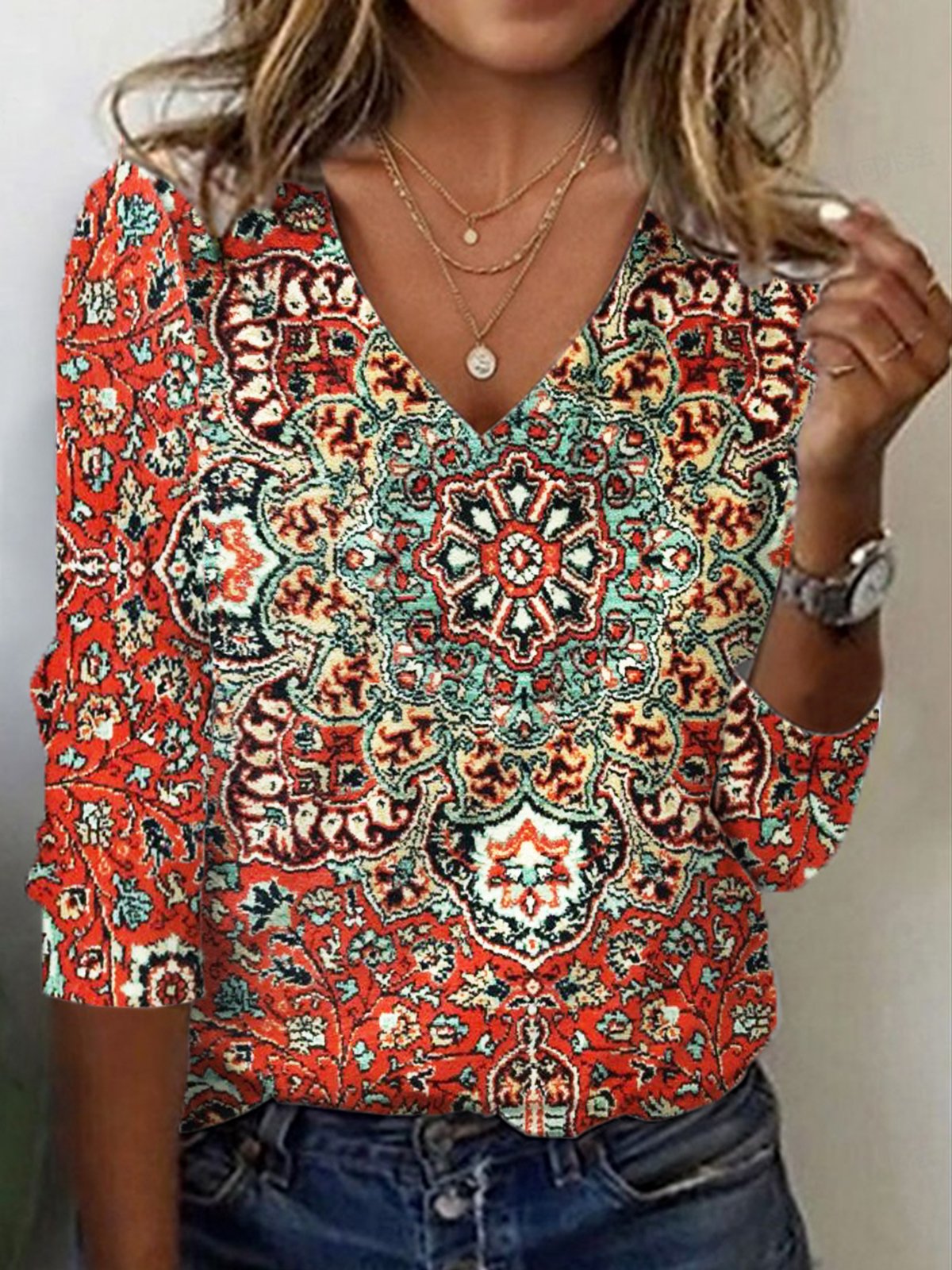 Ethnic Print Long Sleeve V-Neck T-shirt