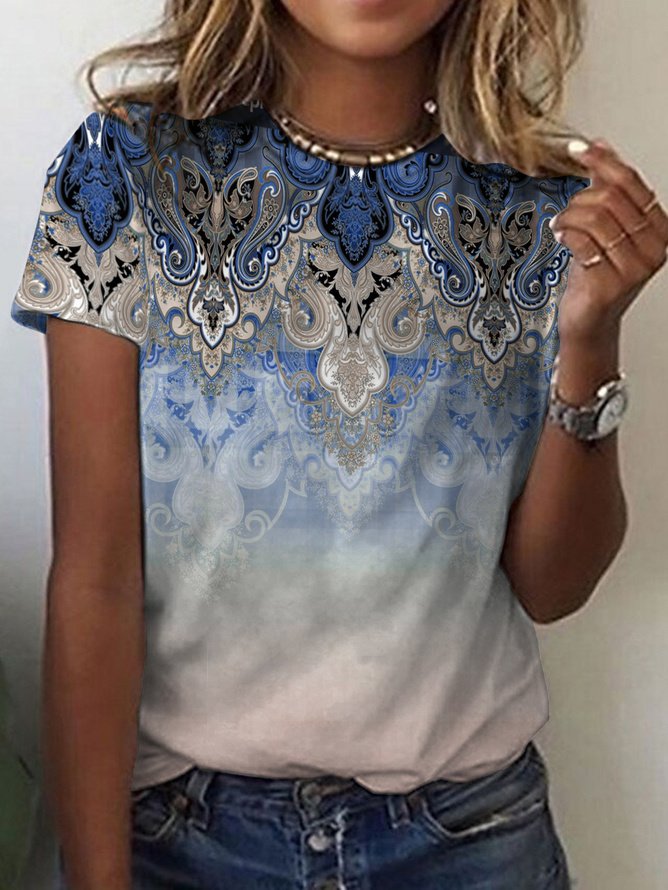 Ethnic Print Short-Sleeved Crew Neck T-shirt